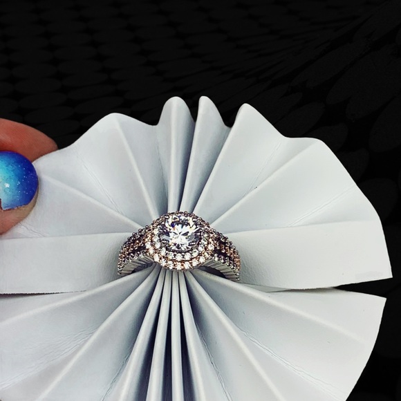 Two Tone Rose Gold Silver Double Halo Round Split Shank Pavé Engagement Ring 7 - Picture 7 of 17